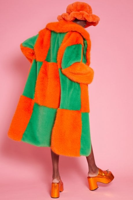 JAYLEY Faux Fur Bamboo Checked Maxi Coat