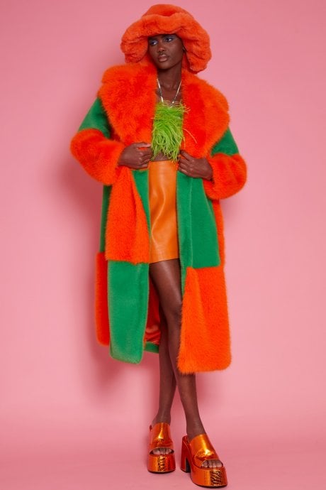 JAYLEY Faux Fur Bamboo Checked Maxi Coat