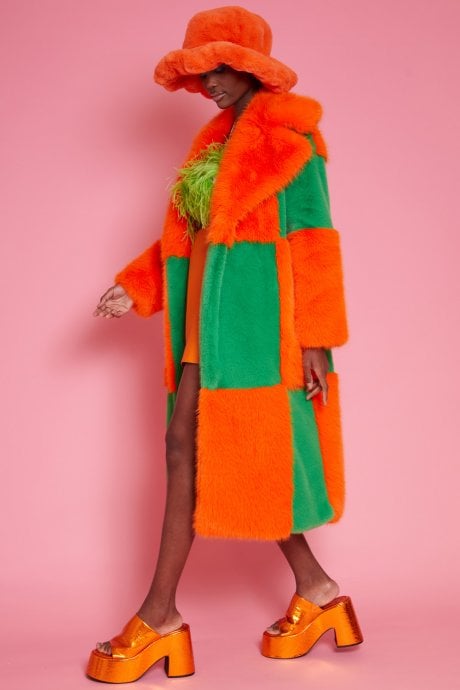 JAYLEY Faux Fur Bamboo Checked Maxi Coat