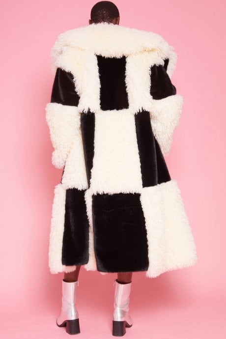 JAYLEY Faux Fur Bamboo Checked Maxi Coat