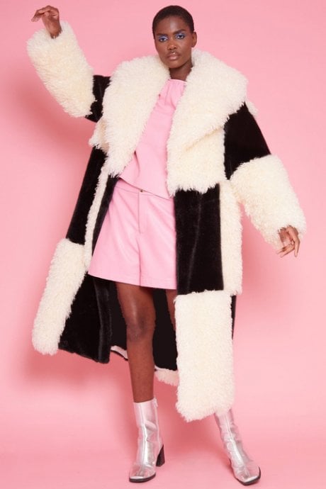 JAYLEY Faux Fur Bamboo Checked Maxi Coat