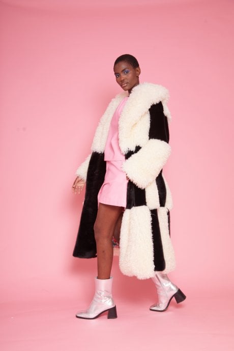 JAYLEY Faux Fur Bamboo Checked Maxi Coat