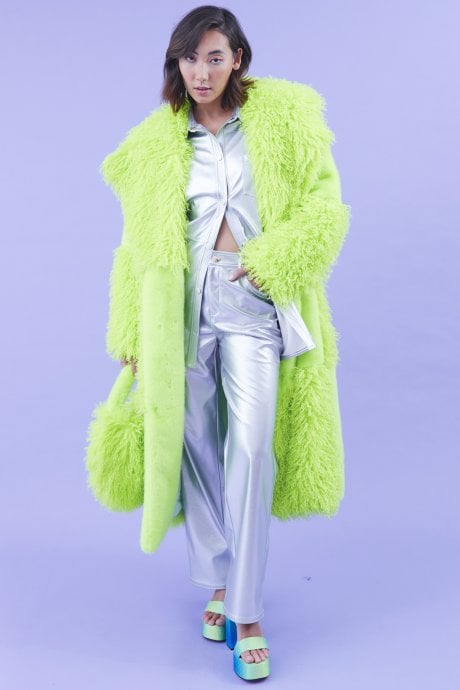 JAYLEY Faux Fur Bamboo Checked Maxi Coat
