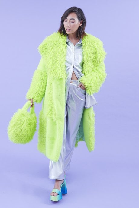JAYLEY Faux Fur Bamboo Checked Maxi Coat