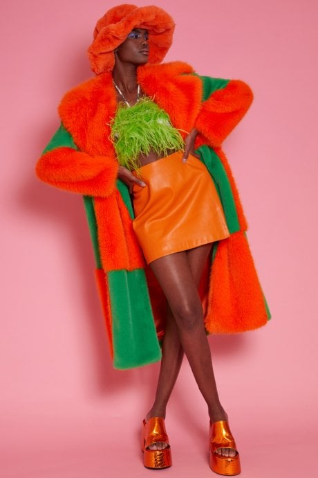 JAYLEY Faux Fur Bamboo Checked Maxi Coat