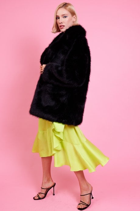 JAYLEY Faux Fur Black Midi Coat