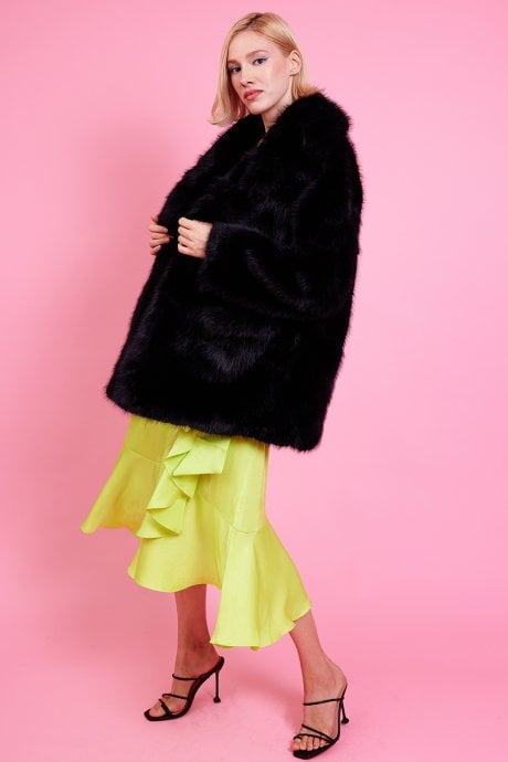 JAYLEY Faux Fur Black Midi Coat