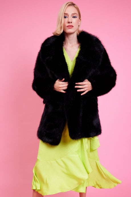 JAYLEY Faux Fur Black Midi Coat