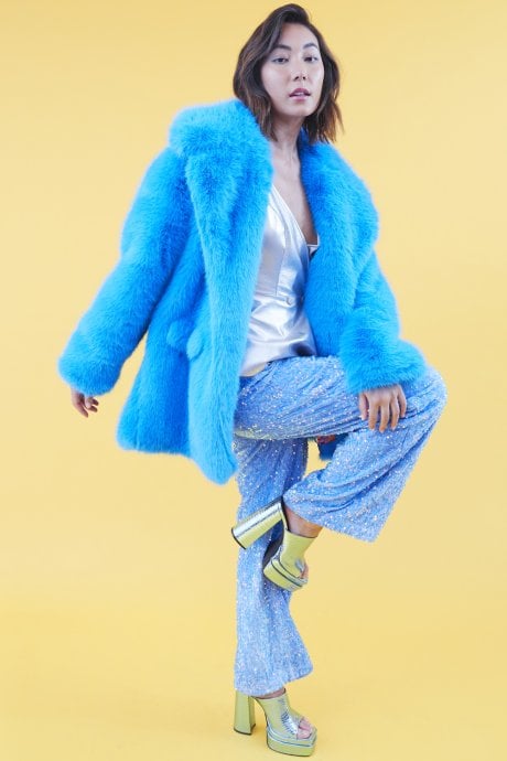 JAYLEY Faux Fur Blue Midi Coat