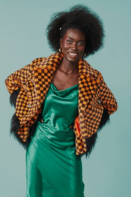 JAYLEY Faux Fur Checked Coat With Mongolian Fur Trim And Cuffs