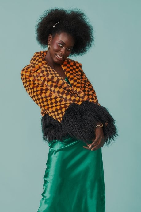 JAYLEY Faux Fur Checked Coat With Mongolian Fur Trim And Cuffs