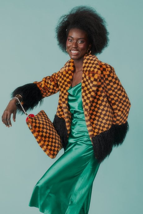 JAYLEY Faux Fur Checked Coat With Mongolian Fur Trim And Cuffs