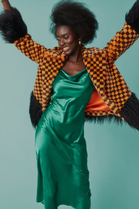 JAYLEY Faux Fur Checked Coat with Mongolian Fur Trim and Cuffs