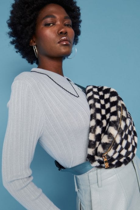 JAYLEY Faux Fur Checkered Bum Bag With Blue Strap