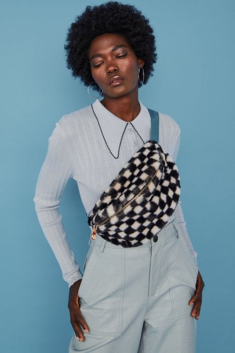 JAYLEY Faux Fur Checkered Bum Bag With Blue Strap