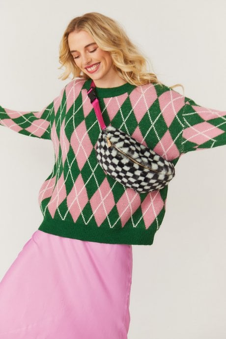 JAYLEY Faux Fur Checkered Bum Bag with Pink Strap