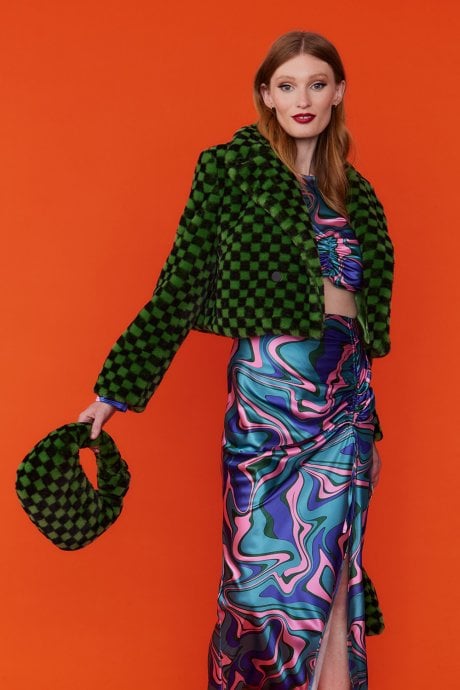 JAYLEY Faux Fur Checkered Green Bag