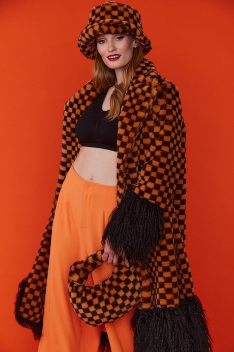 JAYLEY Faux Fur Checkered Orange Bag