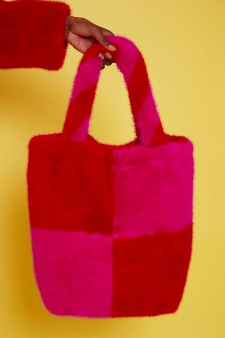 JAYLEY Faux Fur Checkered Tote Bag