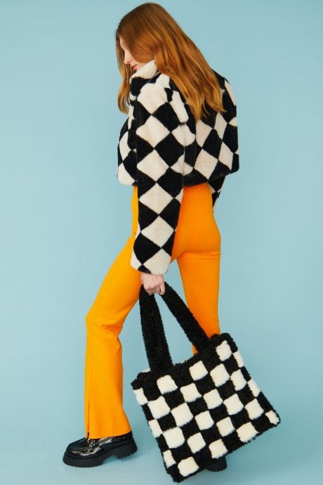 JAYLEY Faux Fur Geometric Cropped Jacket