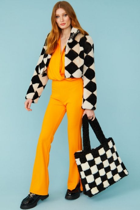 JAYLEY Faux Fur Geometric Cropped Jacket