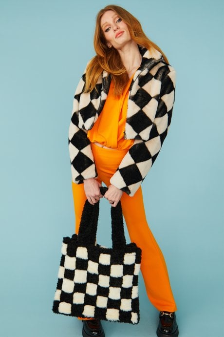 JAYLEY Faux Fur Geometric Cropped Jacket