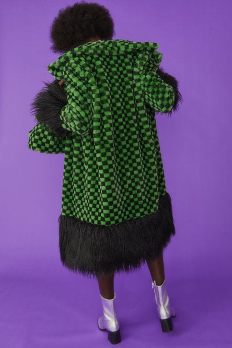 JAYLEY Faux Fur Green And Black Check Coat With Faux Mongolian Trim