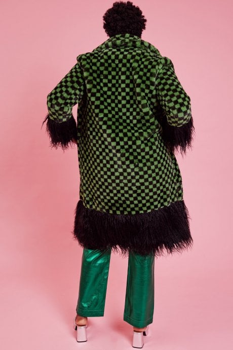JAYLEY Faux Fur Green And Black Check Coat With Faux Mongolian Trim