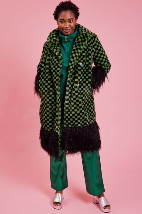 JAYLEY Faux Fur Green And Black Check Coat With Faux Mongolian Trim