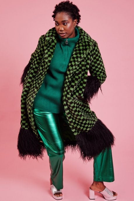 JAYLEY Faux Fur Green and Black Check Coat with Faux Mongolian Trim
