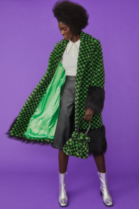 JAYLEY Faux Fur Green and Black Check Coat with Faux Mongolian Trim