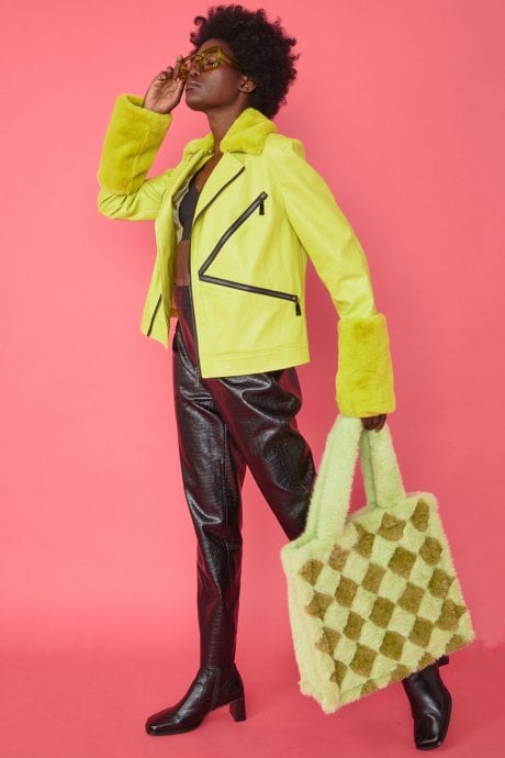 JAYLEY Faux Fur Hand Woven Checkered Tote Bag