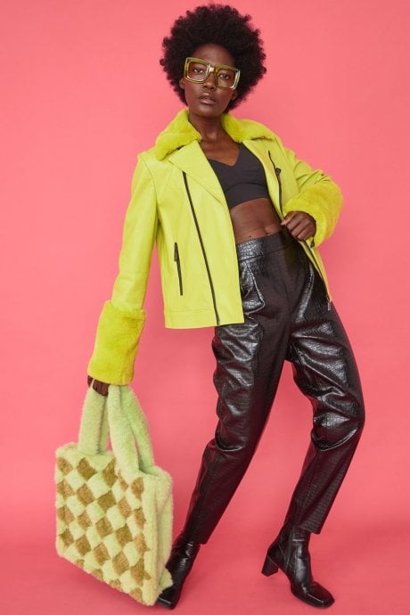 JAYLEY Faux Fur Hand Woven Checkered Tote Bag