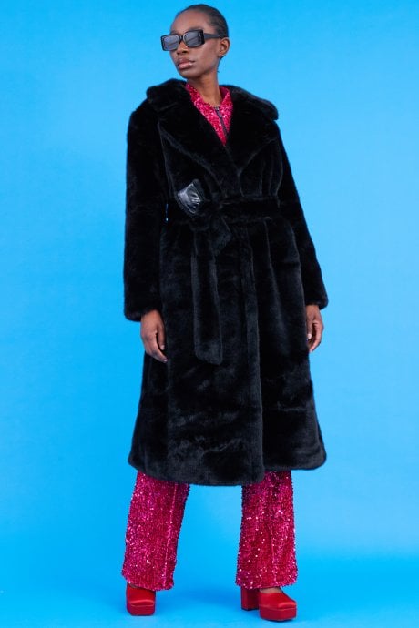 JAYLEY Faux Fur Maxi Trench Coat With Belt