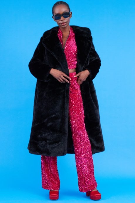 JAYLEY Faux Fur Maxi Trench Coat with Belt