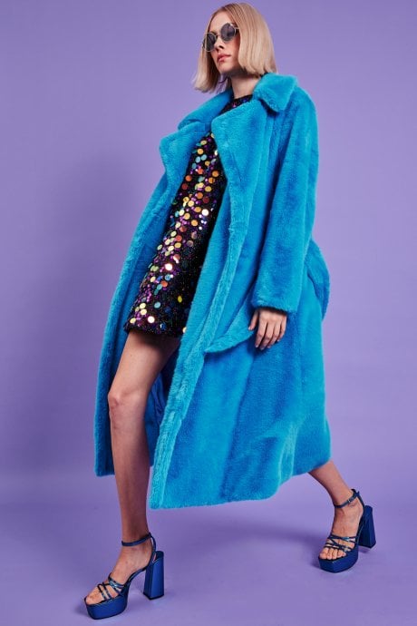 JAYLEY Faux Fur Maxi Trench Coat with Belt