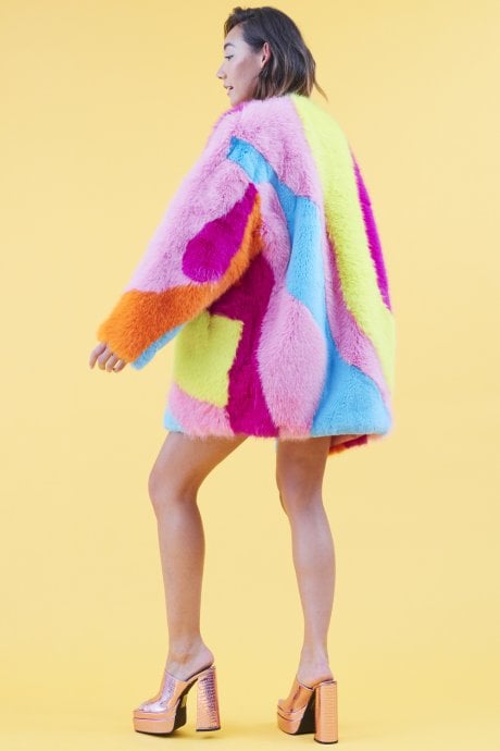 JAYLEY Faux Fur Multi-Coloured Rainbow Coat
