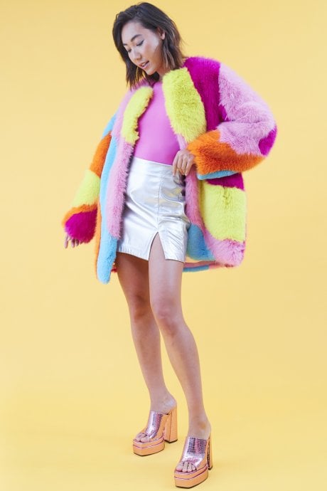 JAYLEY Faux Fur Multi-Coloured Rainbow Coat