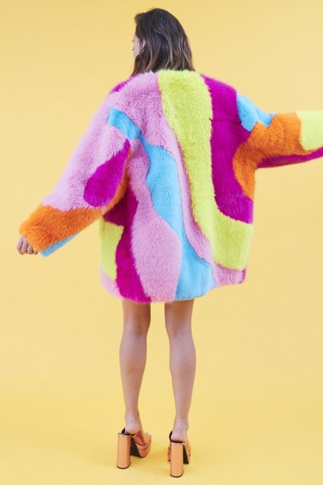 JAYLEY Faux Fur Multi-Coloured Rainbow Coat