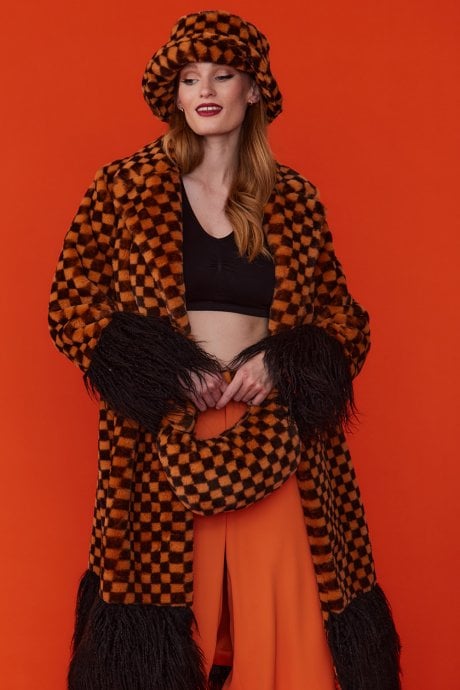 JAYLEY Faux Fur Orange And Black Check Coat With Faux Mongolian Trim