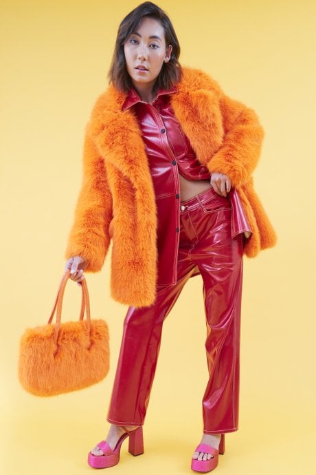 JAYLEY Faux Fur Orange Midi Coat