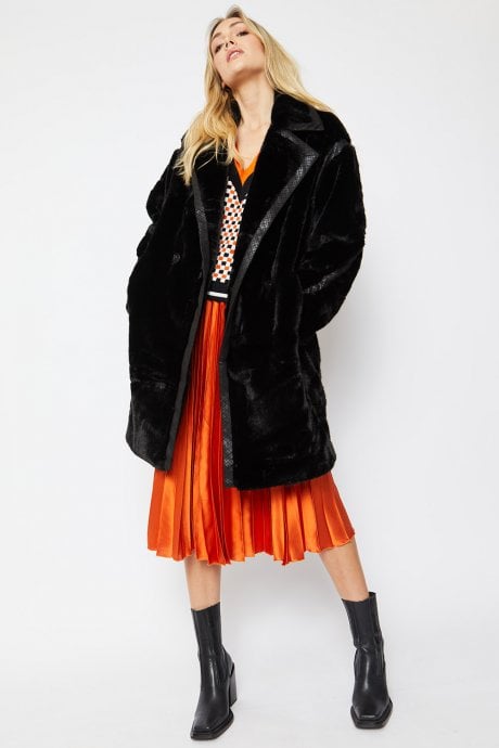 JAYLEY Faux Fur Oversized Coat With Faux Suede Details