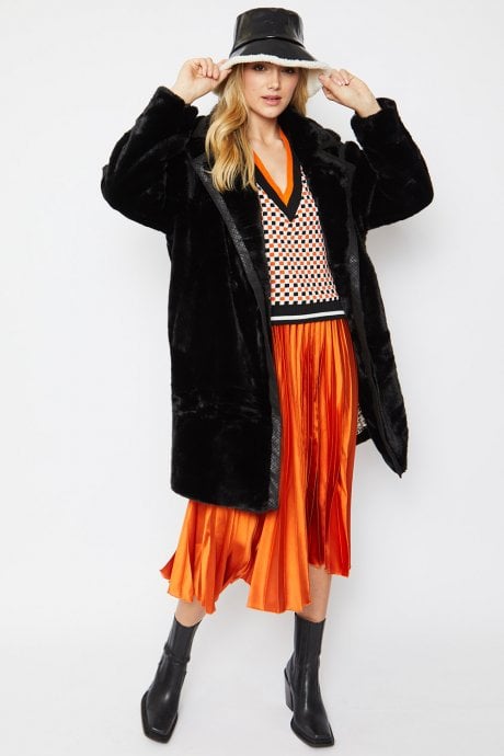 JAYLEY Faux Fur Oversized Coat with Faux Suede Details