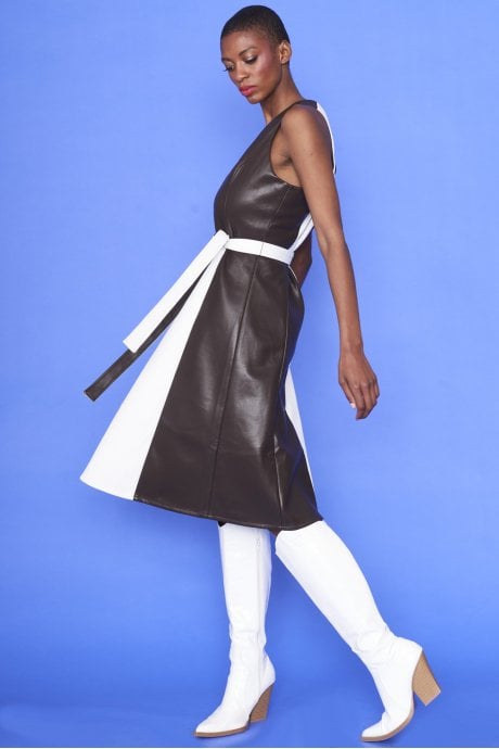 JAYLEY Faux Leather Contrast Colour Blocking Midi Dress