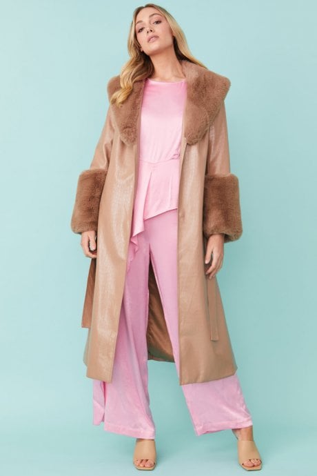 JAYLEY Faux Leather Jacket With Detachable Faux Fur Cuffs & Collar