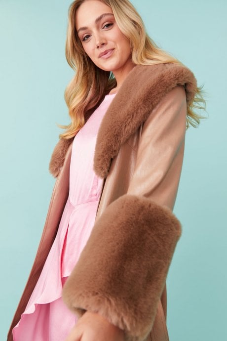 JAYLEY Faux Leather Jacket With Detachable Faux Fur Cuffs & Collar