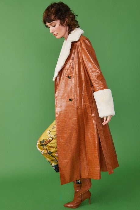 JAYLEY Faux Leather Maxi Coat With Fur Cuffs And Collar