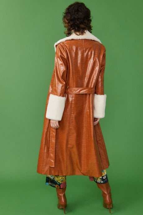 JAYLEY Faux Leather Maxi Coat With Fur Cuffs And Collar