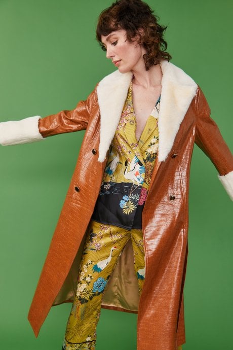 JAYLEY Faux Leather Maxi Coat with Fur Cuffs and Collar