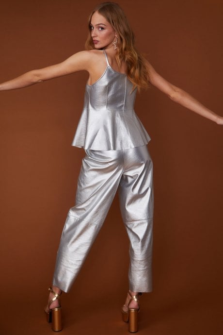 JAYLEY Faux Leather Metallic Peplum Top